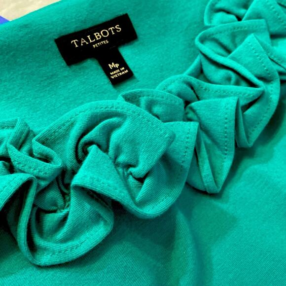 Talbots Jade Green 3/4 Sleeve Ruffle Neck Knit Sheath Dress Size MP - Picture 9 of 9